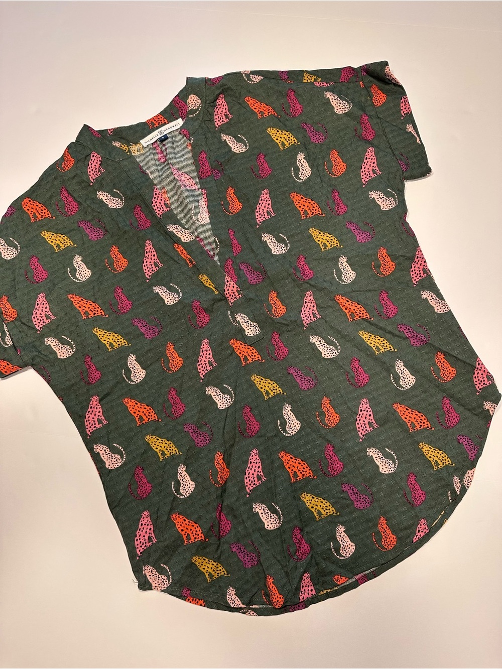 Michelle McDowell V-Neck Short Sleeve Top with Multicolor Leopard Print Size S